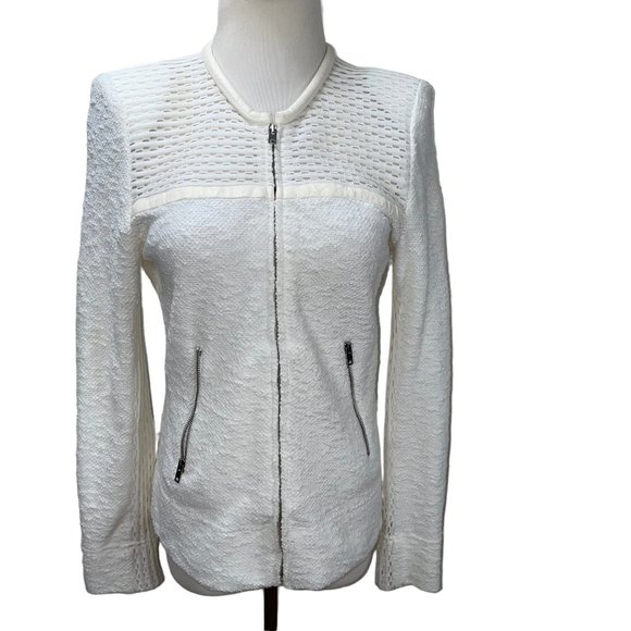 IRO Hurley White Leather Trim Textured Knit Zip Jacket FR38 Pockets Embroidered - Picture 8 of 12